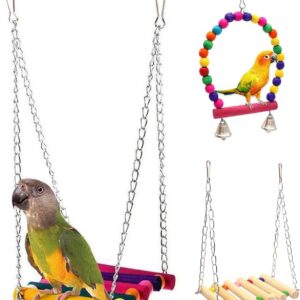 3 Pack Budgie Toys Parrot Swing Set - Colorful Wooden Ladder and Perch Bird Toys for Chewing, Climbing, and Hanging in Bird Cages - Ideal for Parakeet, Cockatiel, Conure, Lovebird