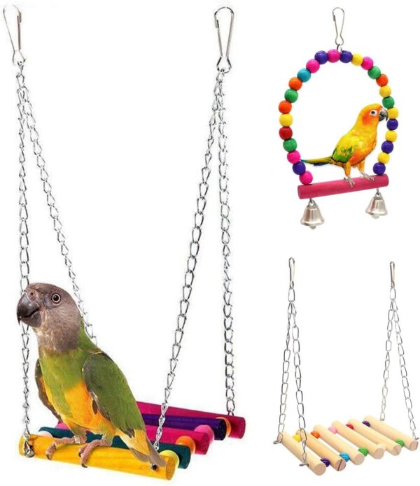 3 Pack Budgie Toys Parrot Swing Set - Colorful Wooden Ladder and Perch Bird Toys for Chewing, Climbing, and Hanging in Bird Cages - Ideal for Parakeet, Cockatiel, Conure, Lovebird