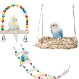 3 Pcs Bird Toys, Parrot Toys, Bird Ladder, Swing, Perch, Rest Platform, Hammock, Exercise Toys, Stress-Relief, Hanging on Cage, Bird Cage Accessories, for Budgies, Cockatiels and Other Pet Birds