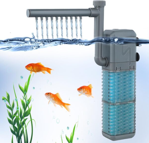 4 in 1 Internal Fish Tank Filter, 800 L/H Aquarium Filter Pump with Spray Bar, 9W Quiet Fish Tank Filter Pump for Tanks up to 250L, Powerful Submersible Water Pump for Turtle Tropical Fish