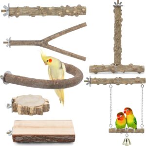 7PCS Bird Perch Natural Wood Parrot Perch Paw Grinding Fork Standing Branches Platform for Chewing Exercise, Bird Stand Perch Swing Toys Cage Accessories for Cockatiels Parakeets Conures Budgies