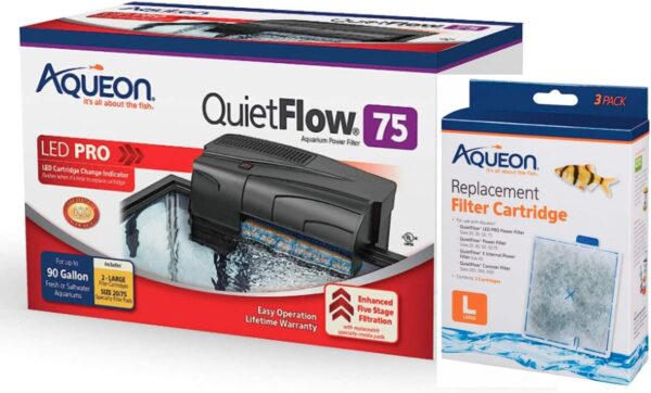 Aqueon Bundle of QuietFlow Power Aquarium Filter and 3 Replacement Aquarium Filter Cartridges