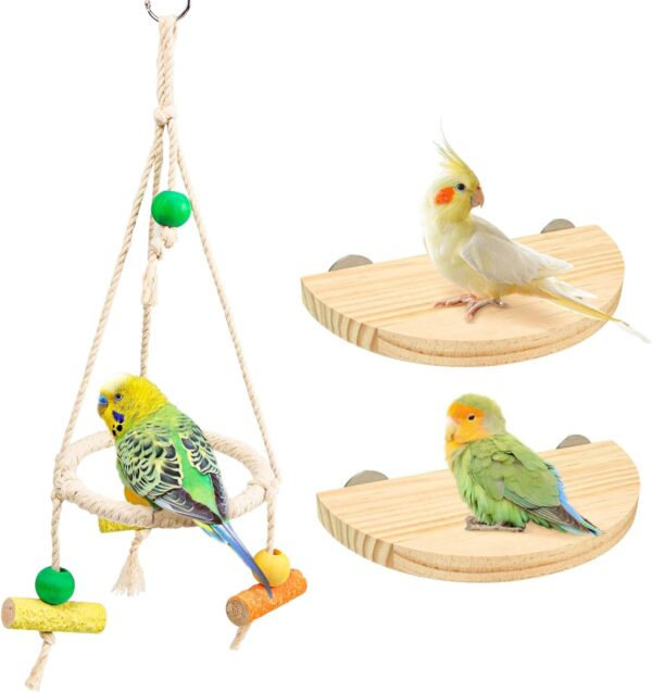 Bird Perch Stand Parrot Rope Swing Hanging Toy,Circle Ring Parakeet Perch Swing Toys&Bird Platform Parrot Stand Playground for Budgie Conure Finches Lovebird Cockatiel Cockatoo Exercise Toys (H01)