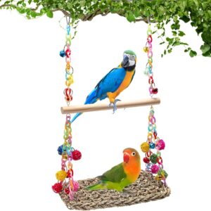 Bird Swing Toys Coolrunner Bird Hammock Bed Hanging Swing Nest Cotton Weave Hemp Rope Bird Seagrass Swing Toys with Colorful Bells Bird Swing Toys for Parakeets, Budgie, Conure, Cockatiel