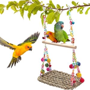 Bird Swing Toys with Wood Perch, Seagrass Woven Swing Bird Climbing Hammock Chewing Toy for Parakeets Budgie Conure Cockatiel Lovebird Cockatoo Amazon African Grey