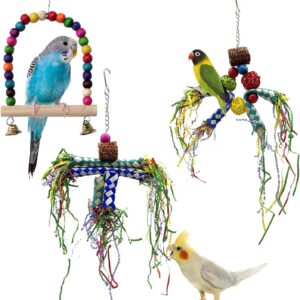 Bird toys, bird shredding chew toys, parrot coloured paper tube toys, hanging swing toys with bells, bird cage accessories, 3 pieces.