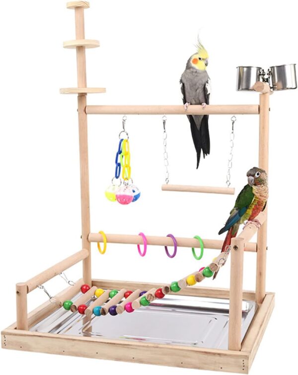 Chenxi Studio Bird Perch Playstand Ladder Swing Chew Toy For Parrots Budgies Cage Accessory Stainless Steel Feeding Cups