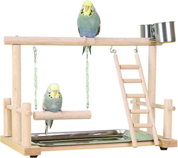 Chenxi Studio Bird Perch Stand Parrots Playstand With Stainless Steel Tray Feeding Cups Wood Ladder Swing Toy For Small Birds