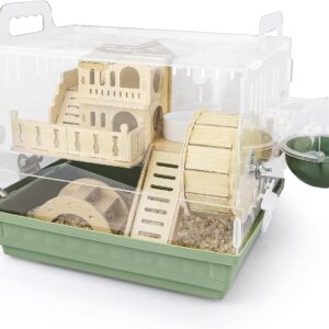 Cycodo 8 in 1 Acrylic Hamster Cage,Wooden Small Animal Cage with Accessories & Toys,2-Layer Small Pet House for Dwarf Hamsters,Mice,Gerbils(Green,14"*11"*10")