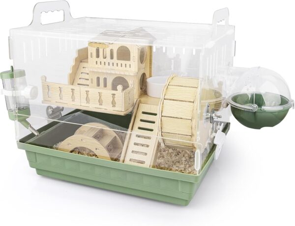 Cycodo 8 in 1 Acrylic Hamster Cage,Wooden Small Animal Cage with Accessories & Toys,2-Layer Small Pet House for Dwarf Hamsters,Mice,Gerbils(Green,14"*11"*10")