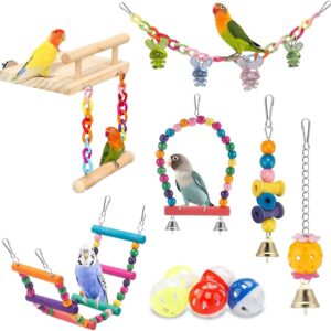 FrgKbTm 11Pcs Bird Parakeet Toys Wooden Bird Platform Stands Swing Hanging Chewing Toy Parrot Climbing Ladder Colorful Bird Cage Toys for Parakeet, Conure, Cockatiel, Love Birds, Finches