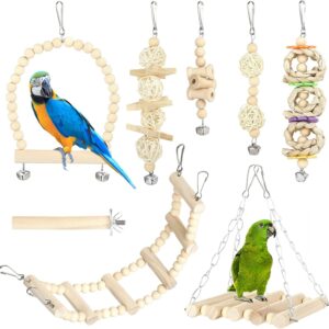 GWHOLE 8 PCS Bird Parrot Swing Toys Chewing Standing Perch Hammock Climbing Ladder Hanging Bell Bird Cage Toys for Budgerigar, Parakeets, Cockatiels, Conure, Mynah, Love Birds, Finches