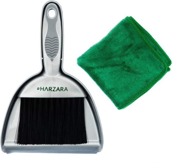 Harzara Mini Pet Dustpan & Brush Set. Use for Cage Cleaning of any Small Animals, Guinea pigs, Rabbits, Hamsters, Reptiles & Hedgehogs. Multiple Uses with a Bonus Eco-Friendly Microfibre Cloth.