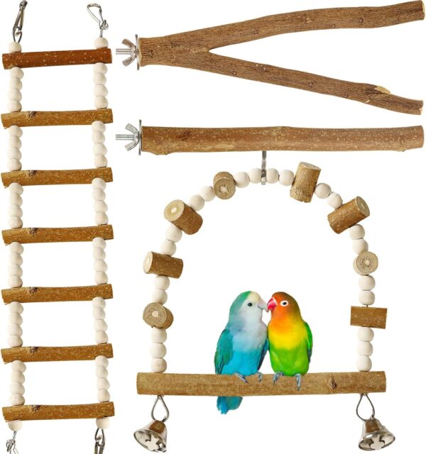 Luonfels Bird Perches Parakeet Toys Ladder, Swing for Large Birds, Perch for Bird Cage Accessories, Conures Cockatiels Play Stand Pack of 4