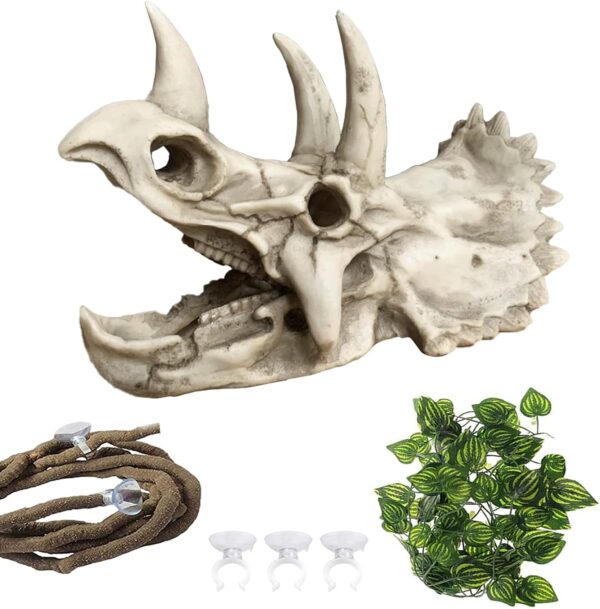 MUYG Reptiles Resin Triceratops Skull Hide Decoration Bearded Dragon Artificial Hideout Cave Landscape Tank Accessories Vines Leaves Aquarium Ornaments for Lizards Snake Gecko