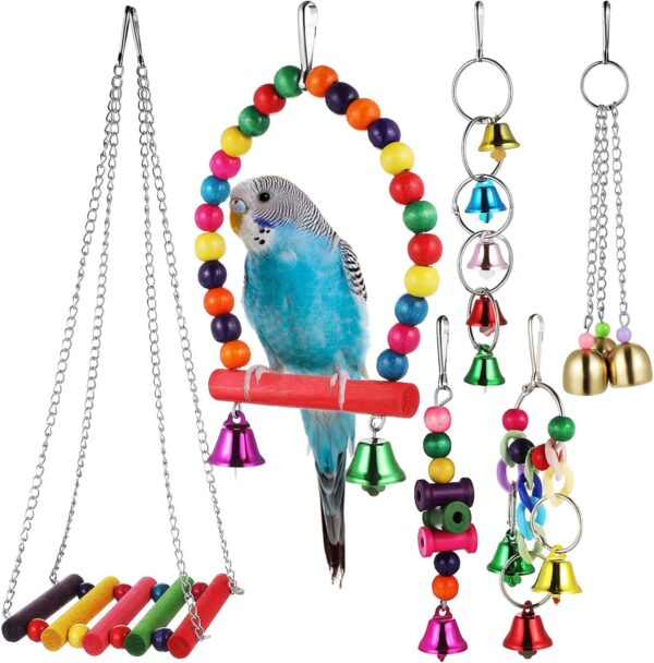 Milisten Wooden Bird Swing Toys with Wood Perch, Wood Parrots Toys, Bird Parakeet Toys, Hanging Standing Toy Hammock for Parrots Parakeets Cockatiels Conure Small-Medium Birds