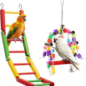 Navaris Parrot Toy - Durable Swing and Ladder Set - Colourful Bird Cage Toys for Small to Medium Birds - Cockatiel, Parakeet, Budgie Accessories