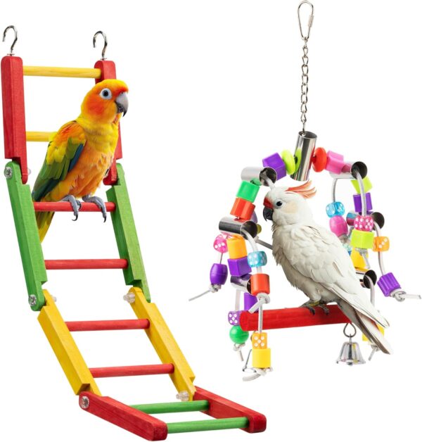 Navaris Parrot Toy - Durable Swing and Ladder Set - Colourful Bird Cage Toys for Small to Medium Birds - Cockatiel, Parakeet, Budgie Accessories