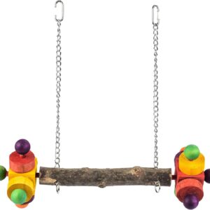 PARROT ESSENTIALS Natural Wood Swing with Double Twirlers - Colourful Wooden Swing for Parrots, Cockatoo, Conure and More - Hanging Toy Pet Swing - Parrot Toy Nest Swing Encourages Foot Exercise