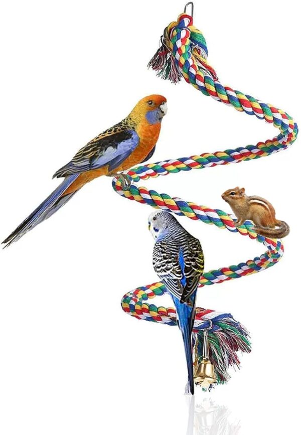 Parrot Perch, Spiral Colorful Budgie Toys Cotton Rope Cockatiel Toy Bird Swing Birdcage Perches Chewing Standing Hanging Perch with Bell (100CM)