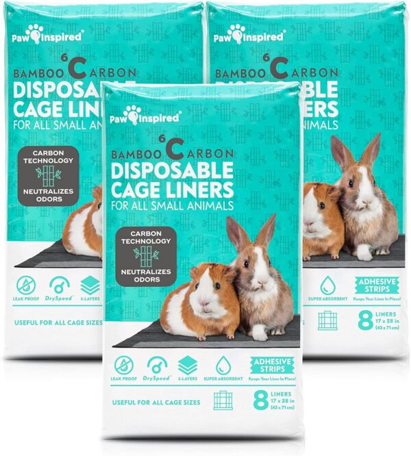 Paw Inspired Disposable Guinea Pig Cage Liners | Bamboo Charcoal Odor Controlling | Super Absorbent Liners Pee Pads for Ferrets, Rabbits, Hamsters, and Small Animals (28" x 17" (C&C 2 x 1), 24 Count)