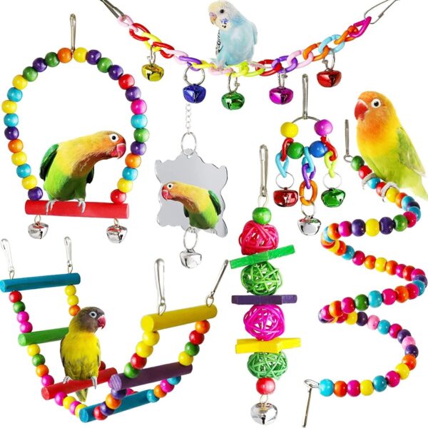 PengLAI Parrot Toys,7 Pcs Budgie Toys With Hanging Bell Pet Bird Cage Hammock Swing Climbing Ladders Toy,Bird Toys And Accessories for caged birds.