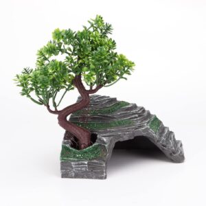 Reptile Simulation Rock Hide-Resin Amphibian Hideouts Cave Size 10cm x 4.5cm with Plastic Tree 19cm,Habitat for Bearded Dragon Turtles Lizards Snakes Crab Gecko Leopard Spider Fish Ball Python