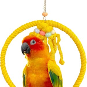 SIMENA Cotton Rope Bird Swing for Bird Cage, Hanging Bird Perch Parrot Toys, Bird Cage Accessories for Medium to Large Birds Including Parakeets, Cockatiels, Conures, etc. (Large (9.5" Yellow)