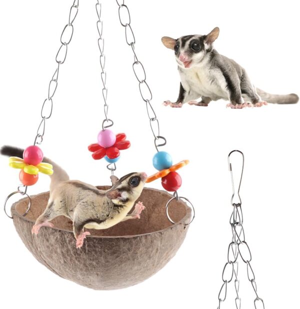 Sugar Glider Swing Toy Bird Natural Coconut Shell Nest Cage Hanging Accessories for Sugar Glider Bird Parrot