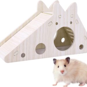 TIESOME Hamster House with Ladder and Slide, Wooden Hamster Play Toys Hideout Hut Gerbil Rat Hideaway Small Animal Activity Toy DIY Hamster Cage Accessories for Small Pets