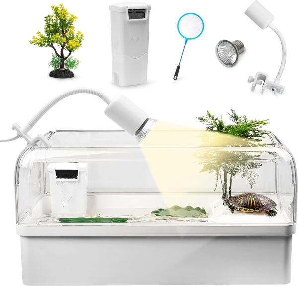 Turtle Tank with Adjustable Water Pump Filter Easy Changing Water and Clean, Turtle Aquarium Terrapin Lake with Platform Tank