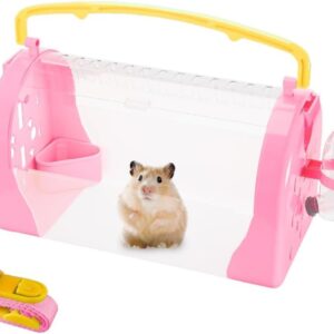 Vusmer Hamster Cage Portable Hamster Carrier, Small Hamster Carry Cage with Water Bottle, Food Bowl, Adjustable Strap, Small Pet Carrier Hamster Carry Box for Dwarf Gerbil Squirrel Pink