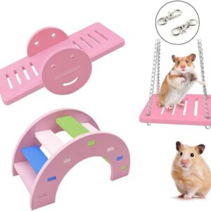 WishLotus 3pcs Lovely Hamster Play Toys, Rainbow Bridge & Seesaw & Swing, Climb and Play Toy, Boredom Breaker Small Animal Activity Toy, DIY Hamster Cage Accessories for Small Pets (Pink)