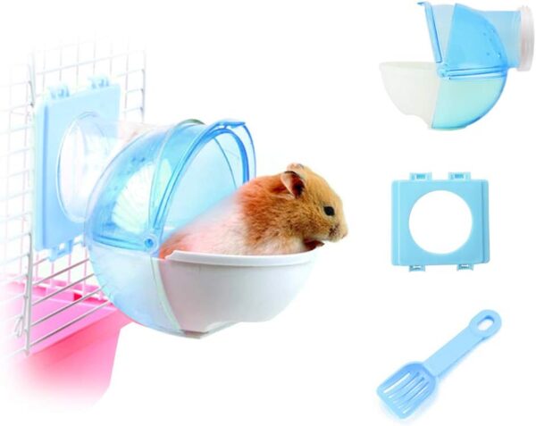 WishLotus Hamster Sand Bathroom, 3Pcs Detachable Plastic Hamster Sand Bath Container Small Pet Bathtub Extermal Toilet with Shovel and Cage Accessory for Hamster Guinea Pig Gerbil (Blue)