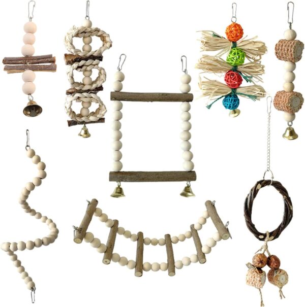 YENVWG 8Pcs Bird Parrot Chew Toy Wooden Bridge Perch Swing Ladder Toy For Small Birds Improving Exercises