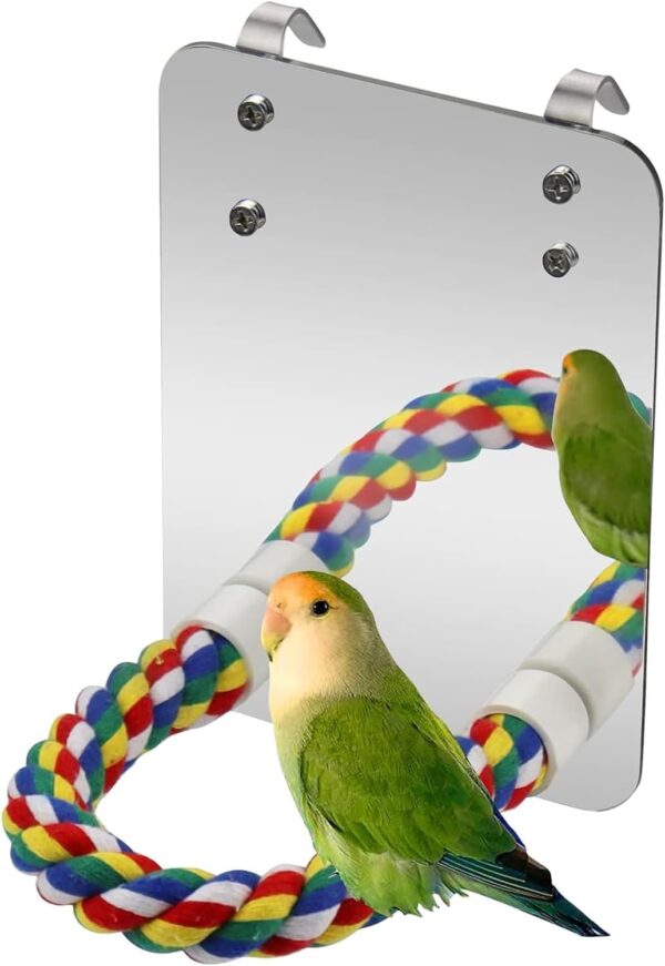 YYwenting Bird Mirror Toy With Rope Perch Cockatiel Mirror for Cage Bird Toys Swing Parrot Cage Toys Parrot Bite Toy with Rope for Parakeet Cockatoo Cockatiel