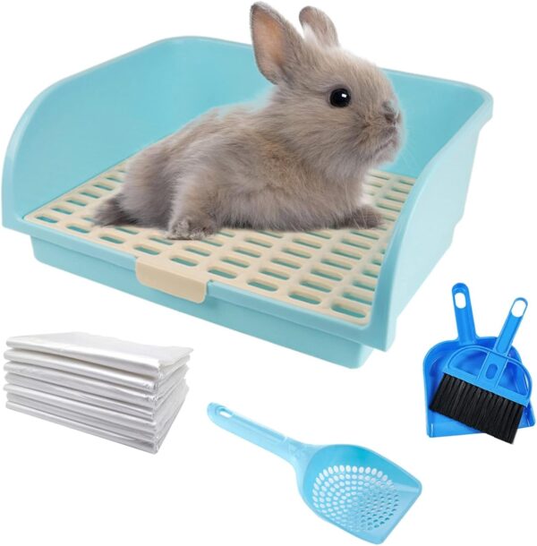 kathson Large Rabbit Litter Box, Pets Toilet Potty Trainer Tray Corner Small Animals Litter Bedding Box Bigger Pet Pan with Grass Mats for Adult Guinea Pig/Chinchilla/Ferret/Rabbit (Blue)