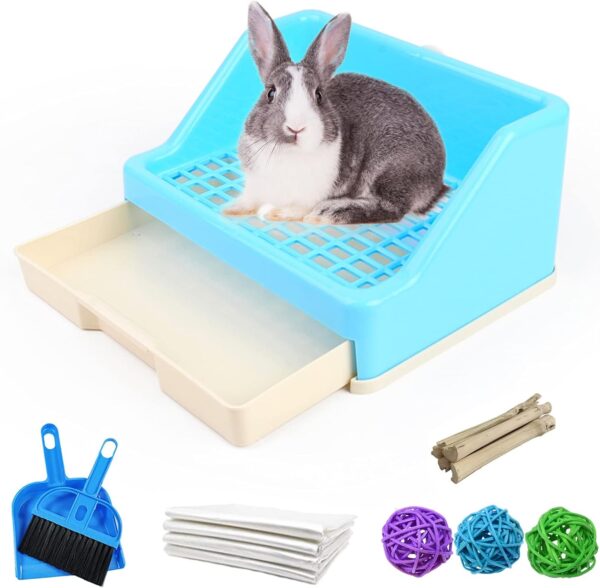 kathson Large Rabbit Litter Box with Drawer, Small Animal Litter Pet Toilet Potty Trainer Corner Bunny Litter Bedding Box Plastic Pet Pan for Hamster/Guinea Pig/Ferret/Galesaur/Chinchilla (Blue)