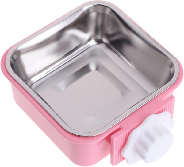 ​2-in-1 Pet Hanging Bowl for Crates & Cages, Removable Stainless Steel Square Dog Water Bowls Food Puppy Feeder for Dogs Cats Puppy Rabbits Bird and Small Pets (Pink)